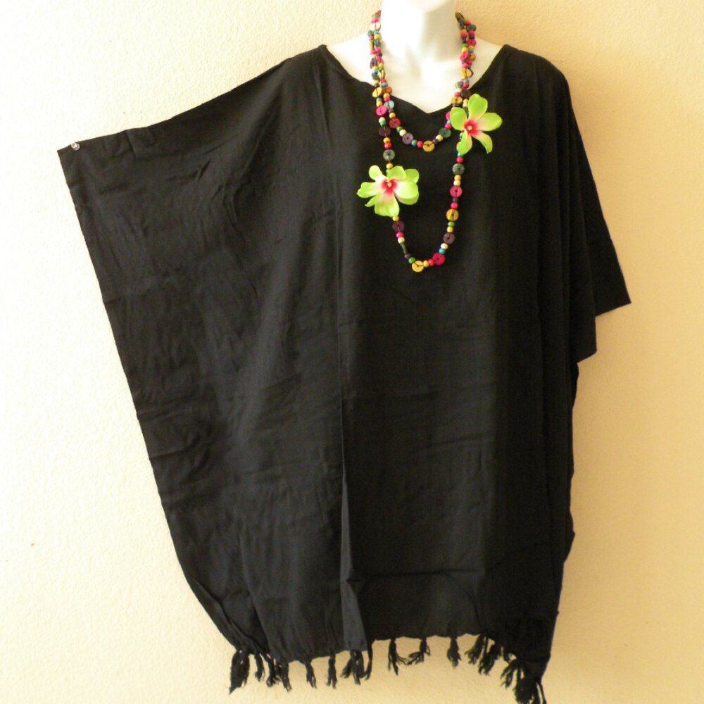 KB4388 Black Plain Fringes Kaftan Sleeve Plus Tunic Women Blouse Top - S to 5X